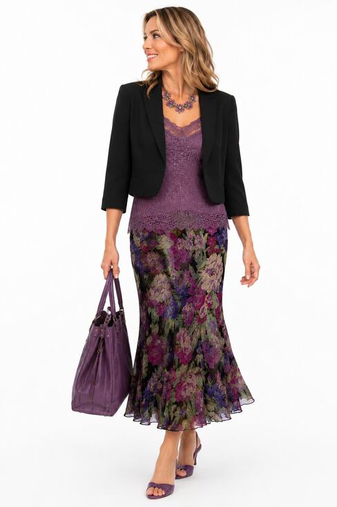 Sarah Arizona Dresses & Skirts - J204 Arizona Womens M Black Floral Maxi Skirt Purple Green Rayon Flowy